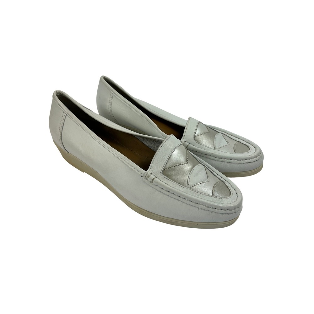 Clarks Grandmacore White Leather Wedge Loafer Metallic Geometric Comfort Shoes 9